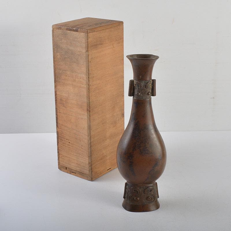 亀文堂造　古銅　饕餮文　双耳花生　共箱　M　R4781