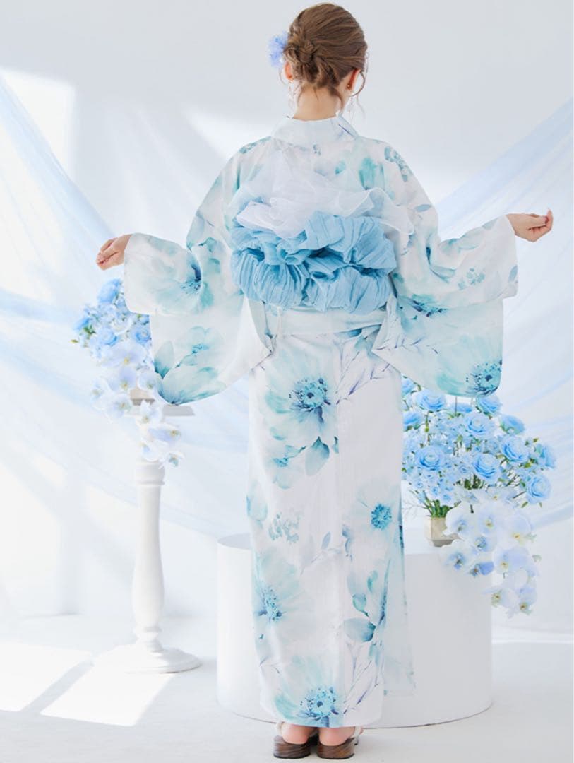 ブルーグレイニュアンスフラワー浴衣 2点セット