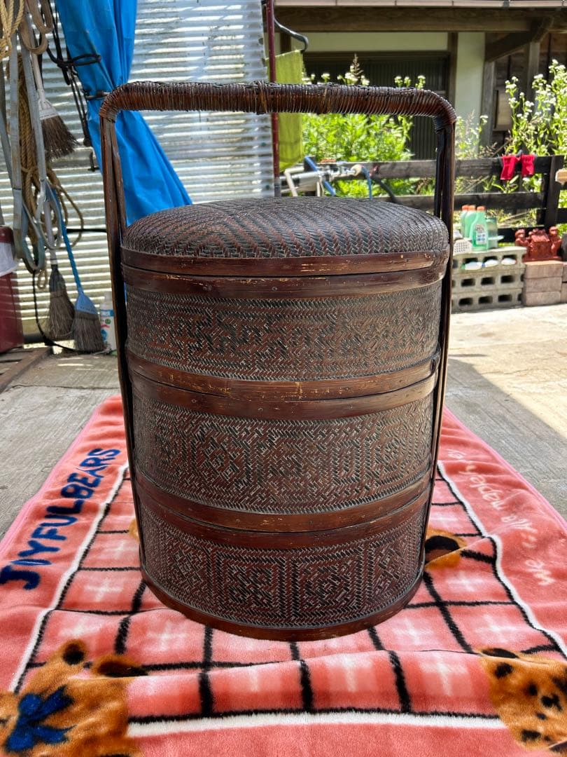 ダークブラウンの円筒形収納スツール 煎茶道具大型