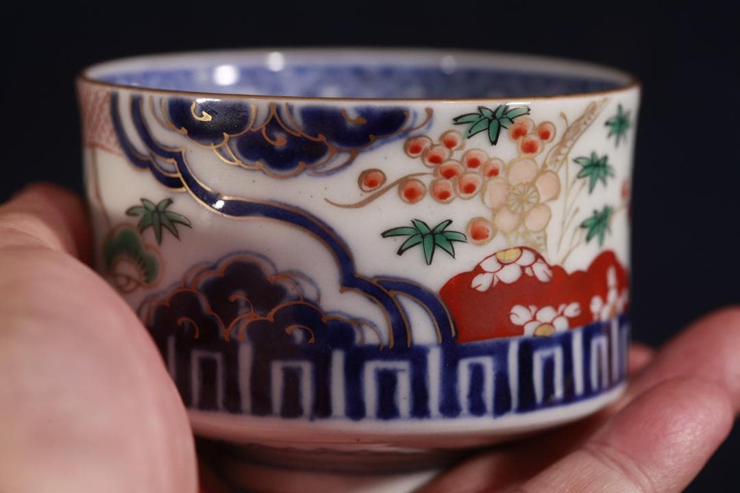 339　古伊万里色絵松竹梅図半筒茶碗　無疵美品　幕末