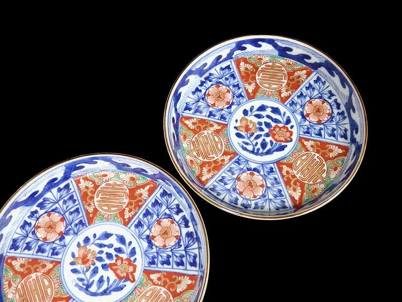 大聖寺伊万里　金襴手　寿に花　牡丹の図　縁高４寸皿　３枚　143AS-CUu