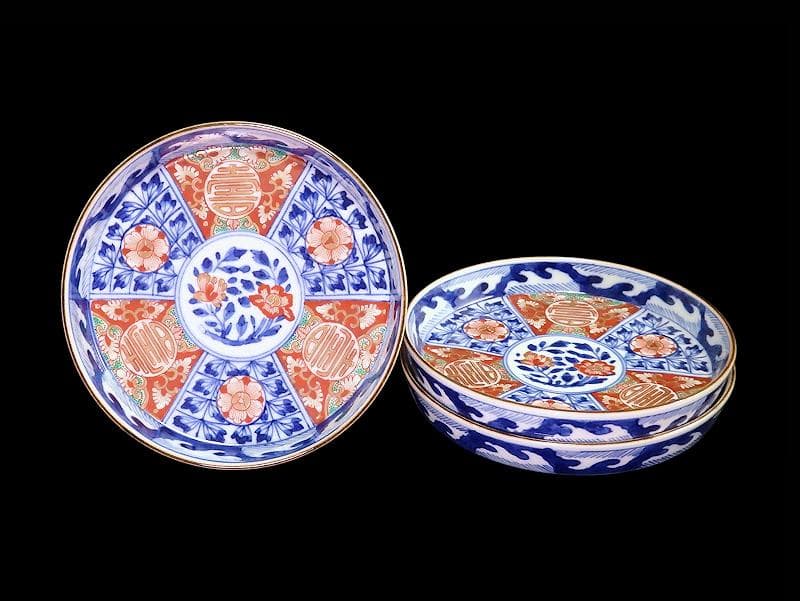 大聖寺伊万里　金襴手　寿に花　牡丹の図　縁高４寸皿　３枚　143AS-CUu