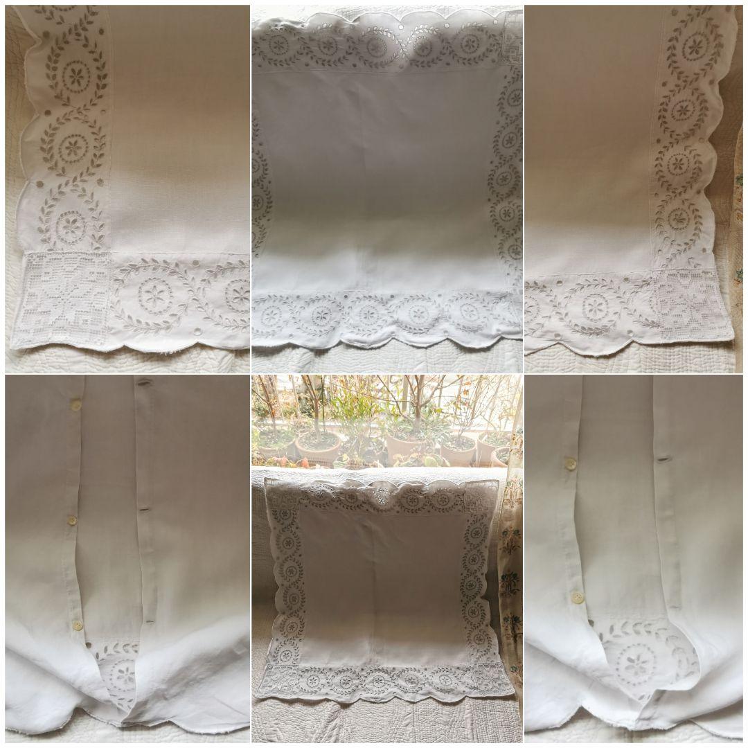 アンティーク フランス オープンカットワーク刺繍＆フィレレース クッションカバー