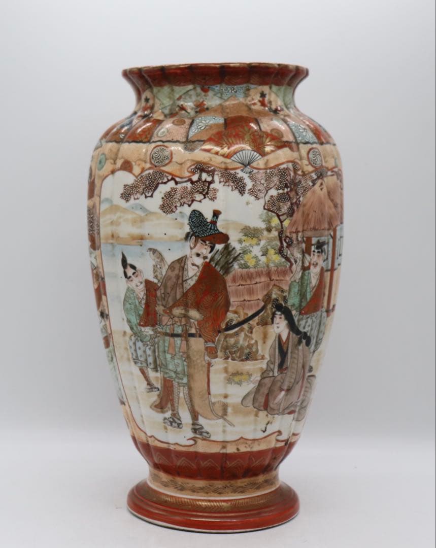 江戸　加賀国九谷造　赤絵灯籠型瓶　人物紋　高さ約35cm 送料込み250723