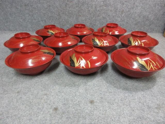 朱塗 蒔絵 風景 梅椀 10個 [B22255]