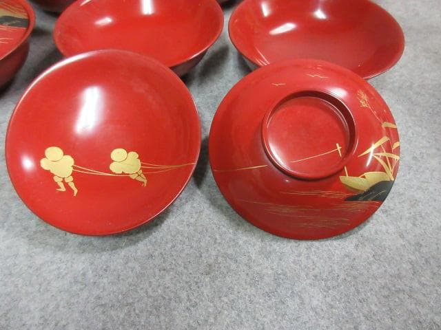 朱塗 蒔絵 風景 梅椀 10個 [B22255]