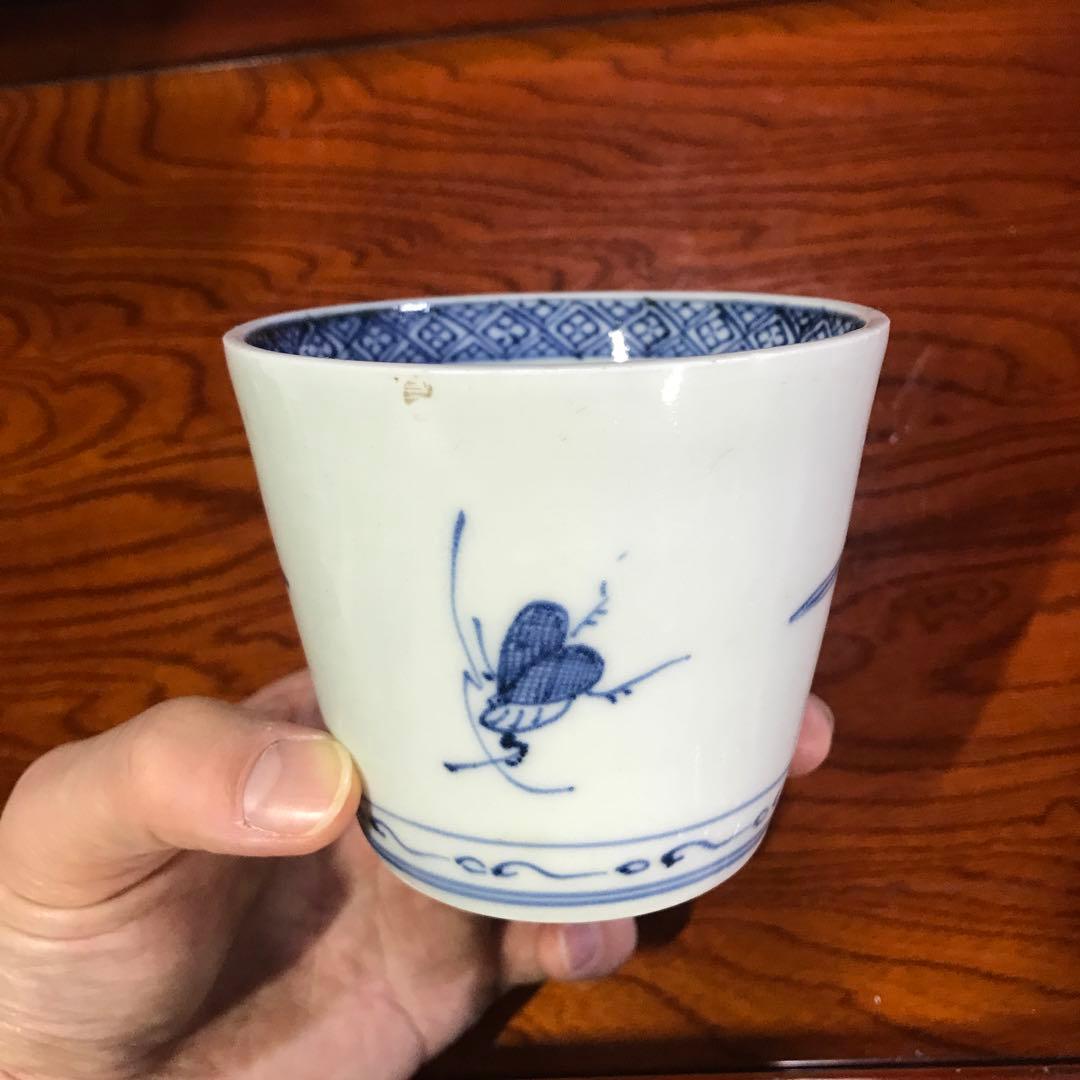 蕎麦猪口　古伊万里　染付　鍋島　鈴虫　昆虫文　大振り　くらわんか