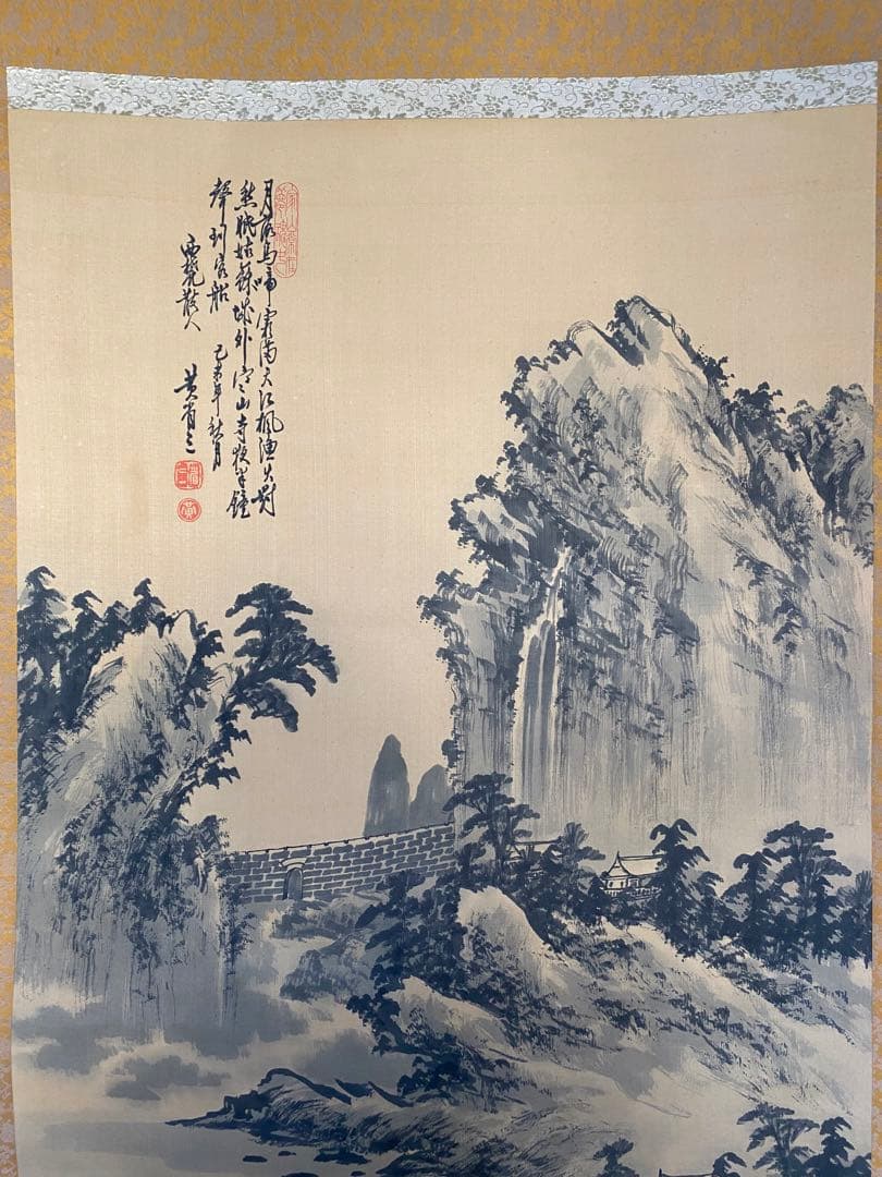 中国書画 民国画家　黄省三　筆 楓橋夜泊図　絹本水墨 山水画賛