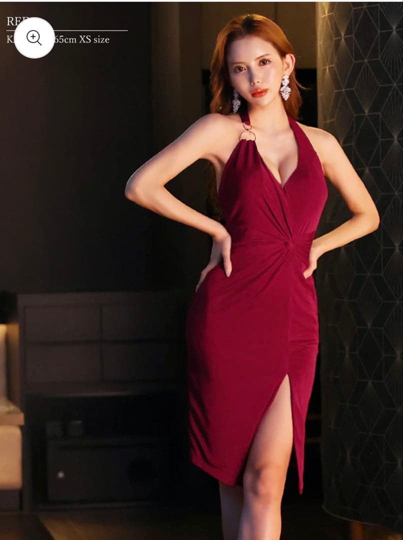 バーガンディ ハルター ネック ドレス XS