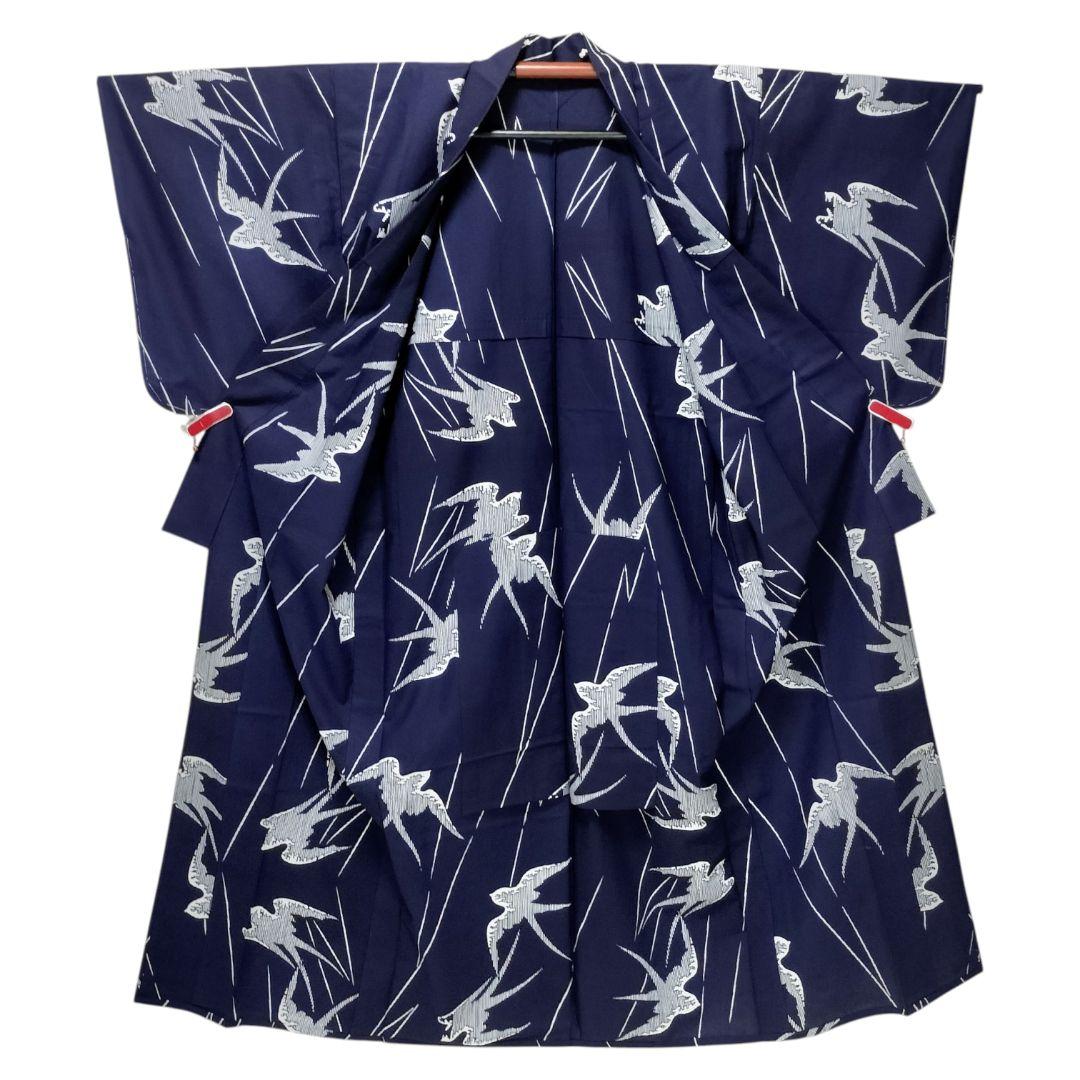 【浴衣】燕模様　ツバメ　鳥　未使用品　藍染 注染　紺　ネイビー レトロ　古典 綿