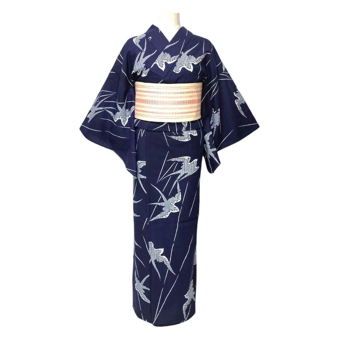 【浴衣】燕模様　ツバメ　鳥　未使用品　藍染 注染　紺　ネイビー レトロ　古典 綿