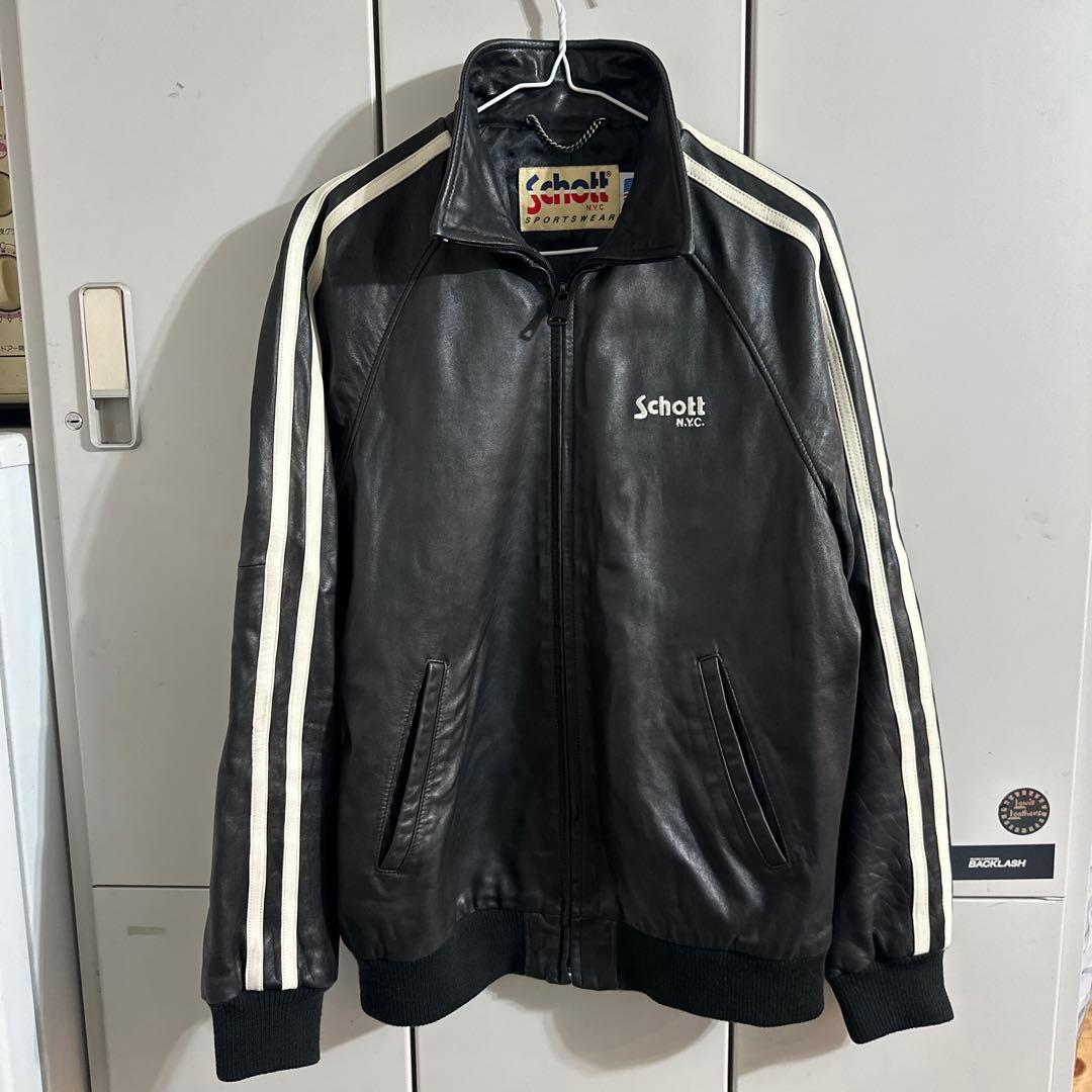 SCHOTT　羊革　レザージャケット　ロゴ刺繍　黒　L