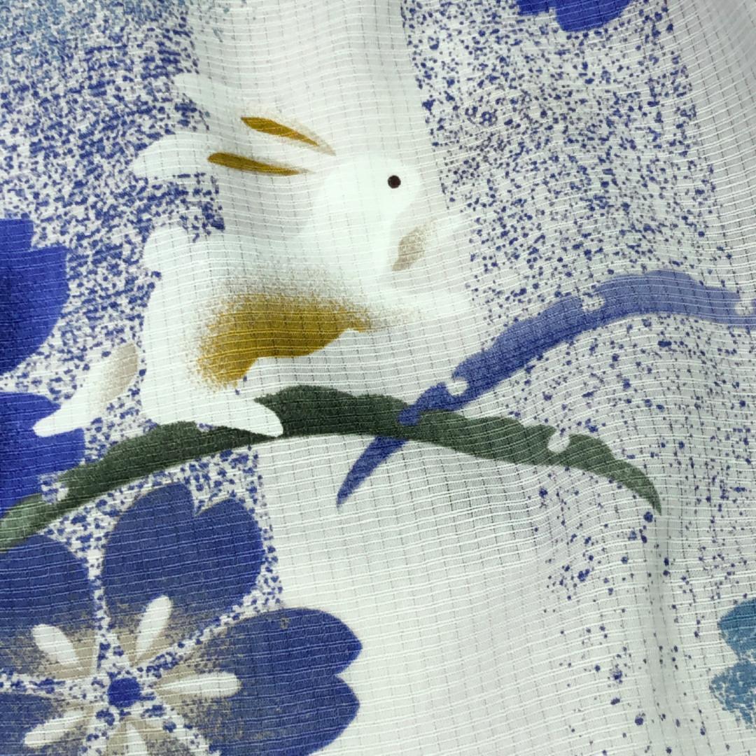 夏着物 浴衣 綿紅梅 兎に雪芝 桜の花 白色 トールサイズ K-5139