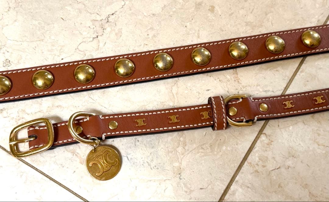 セリーヌ　ブラウンレザー スタッズ付きリード