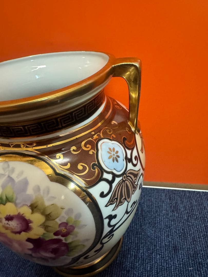 1842 オールドノリタケ　双耳花紋花瓶  時代物