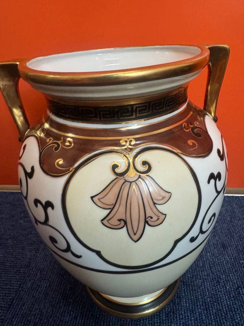 1842 オールドノリタケ　双耳花紋花瓶  時代物