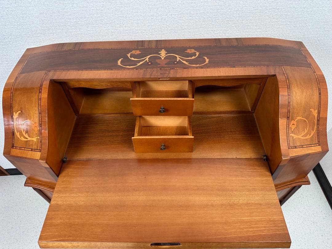 ITALY イタリア 象嵌彫ライティングビューロー 猫足 鍵付き　※i4※