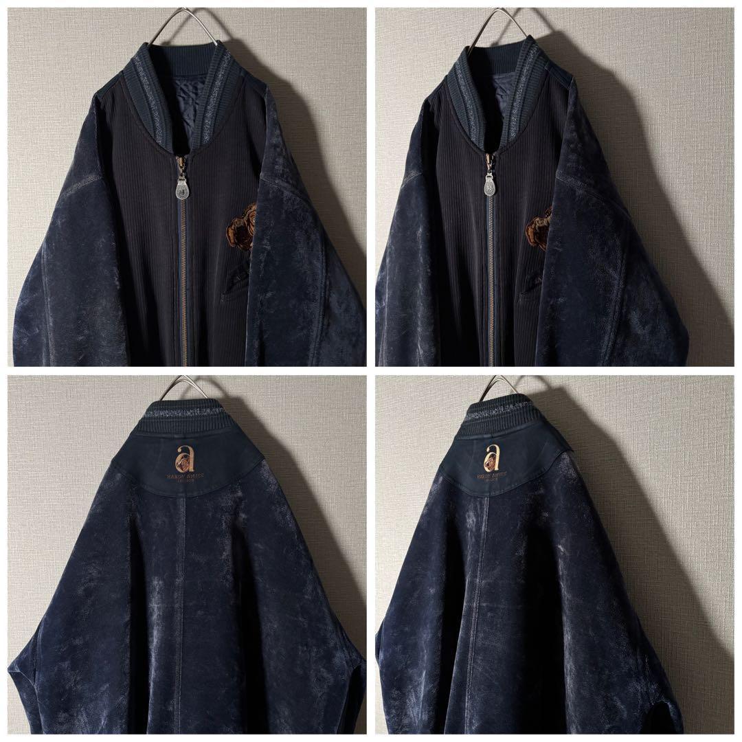 ハーディエイミス ブルゾン ベロア切替 刺繍 裏地キルティング ネイビー XL