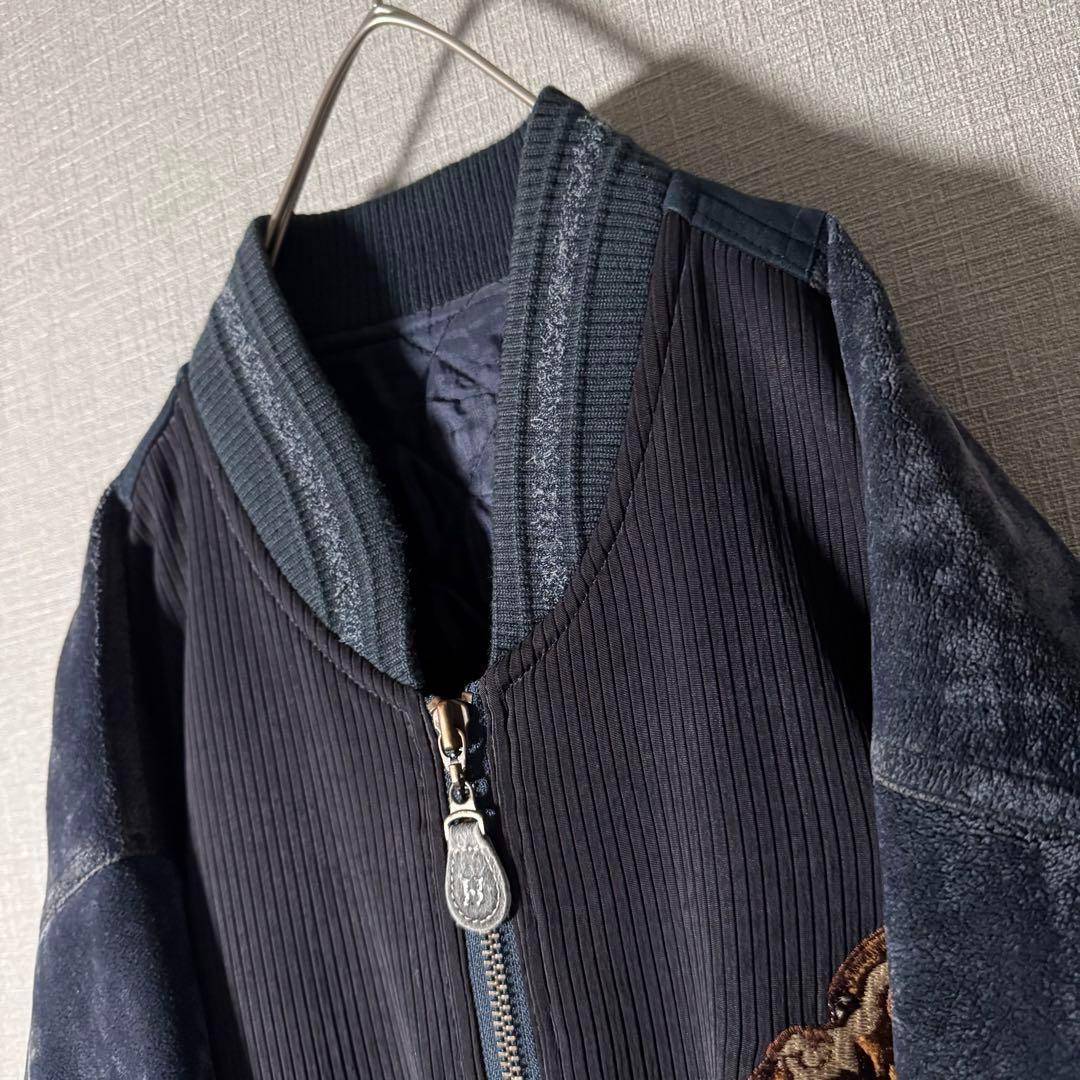 ハーディエイミス ブルゾン ベロア切替 刺繍 裏地キルティング ネイビー XL