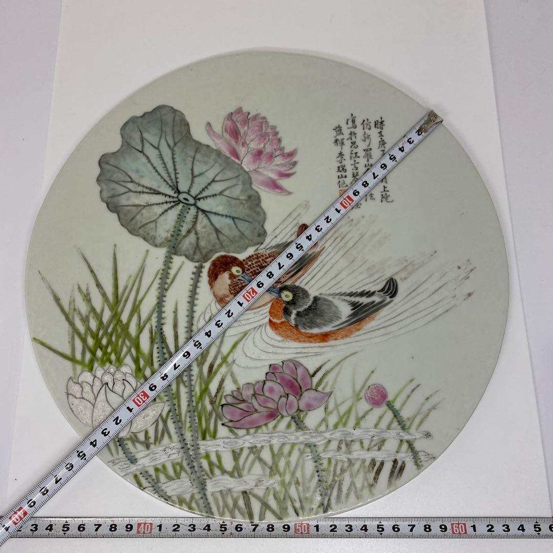 中国清時代　粉彩花鳥図　陶版　直径34.5㎝ タルサ　東さ7-0105☆2F