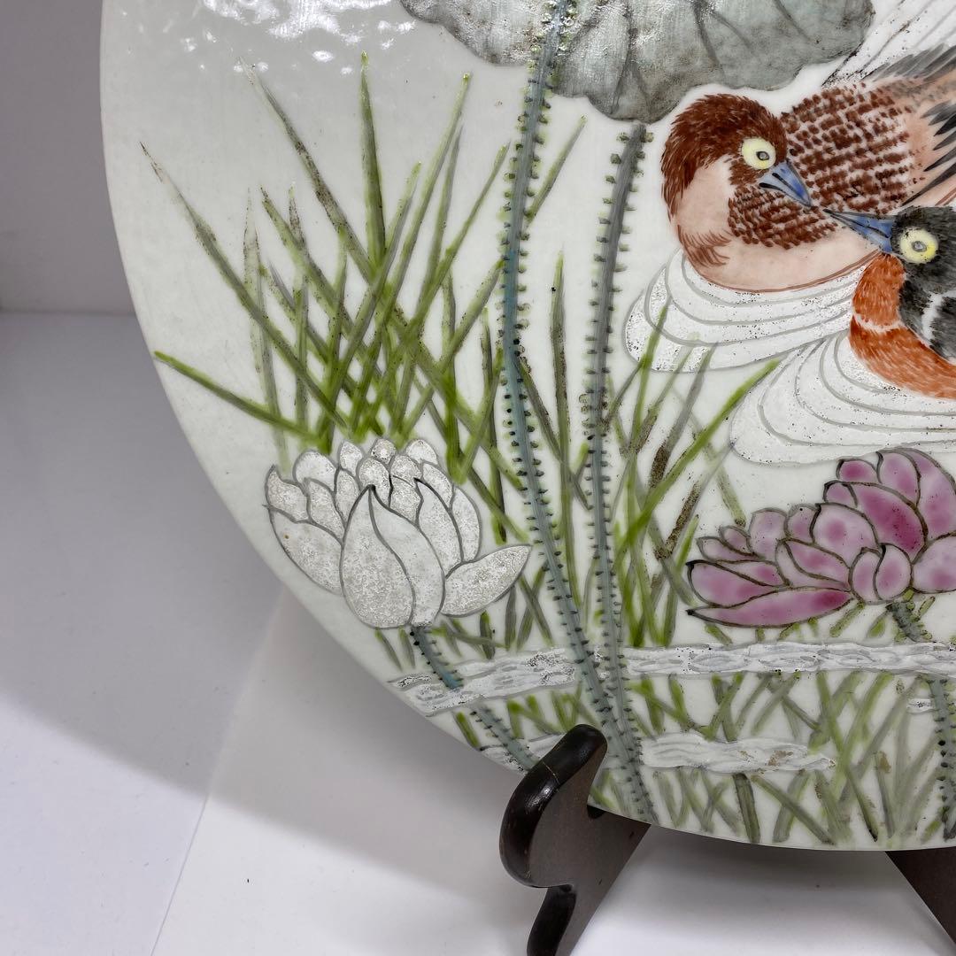 中国清時代　粉彩花鳥図　陶版　直径34.5㎝ タルサ　東さ7-0105☆2F