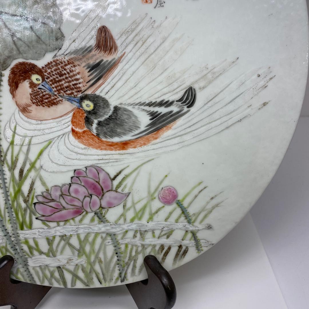 中国清時代　粉彩花鳥図　陶版　直径34.5㎝ タルサ　東さ7-0105☆2F