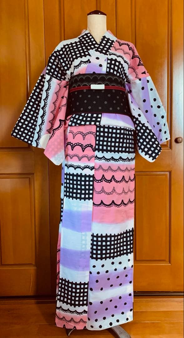 ツモリチサト　レースとチェック柄の浴衣とリバーシブル半幅帯　帯飾り紐もオマケ