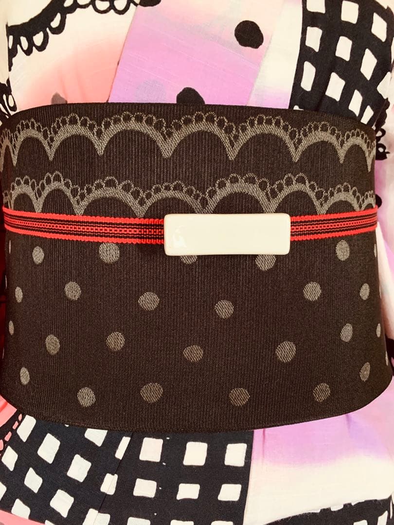 ツモリチサト　レースとチェック柄の浴衣とリバーシブル半幅帯　帯飾り紐もオマケ