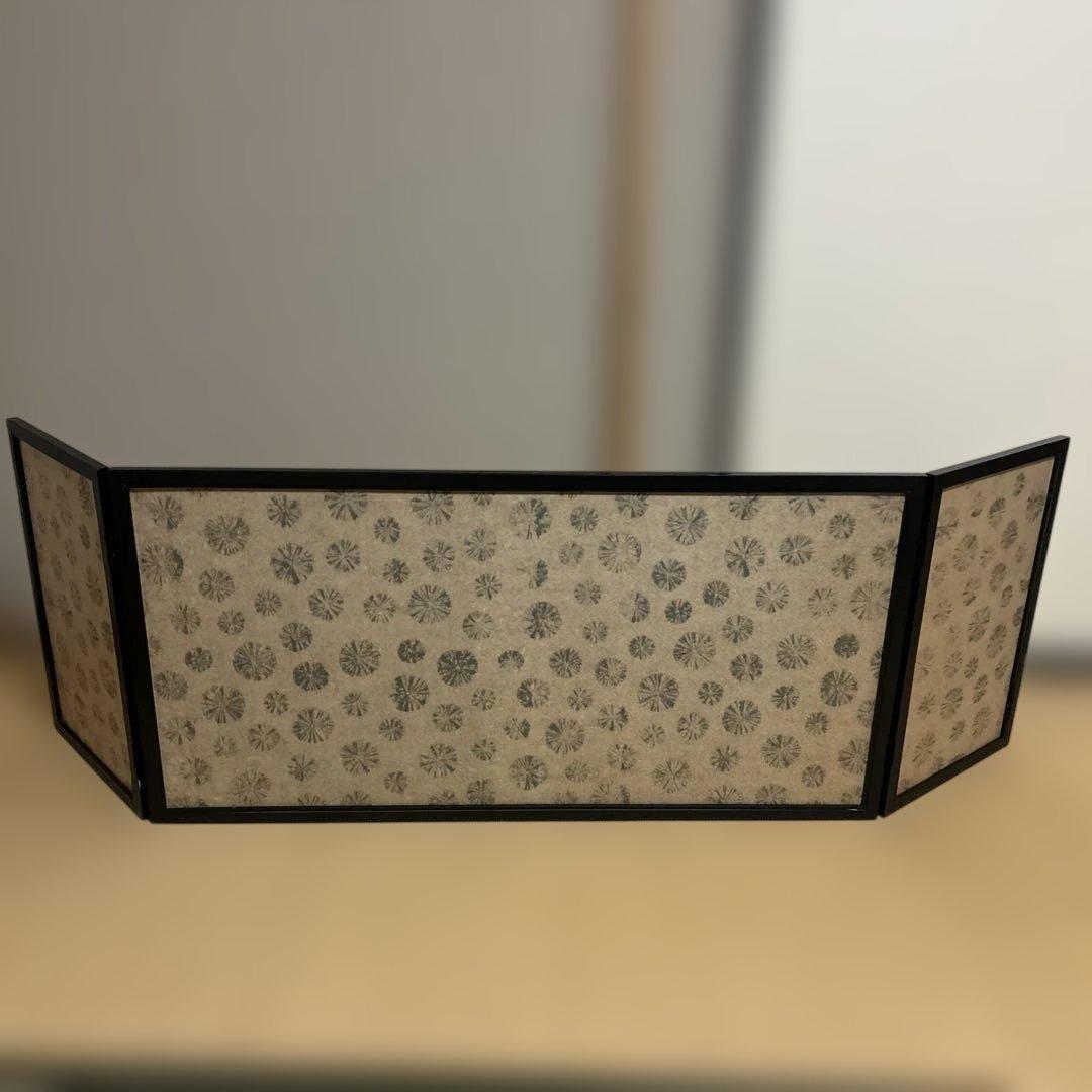 茶道具　　百人一首　風炉先屏風　金地　折りたたみ　花　三曲　15号　黒縁