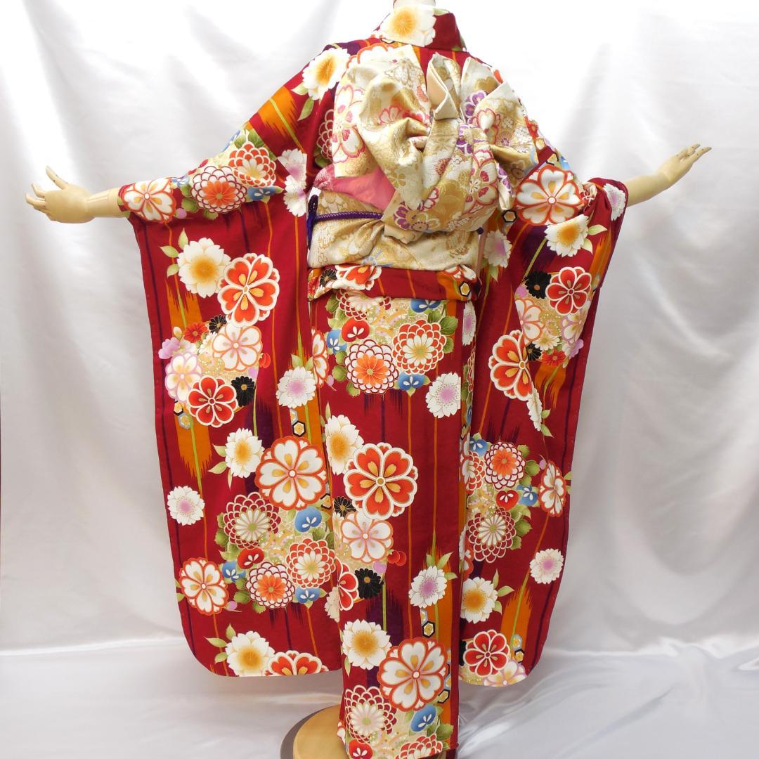 未使用品★洗える振袖　振袖フルセット　ポリ　成人式　振袖　M～Ｌサイズ　赤　花柄