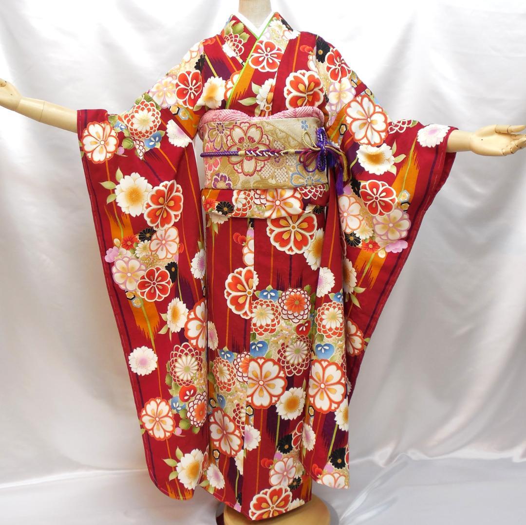 未使用品★洗える振袖　振袖フルセット　ポリ　成人式　振袖　M～Ｌサイズ　赤　花柄