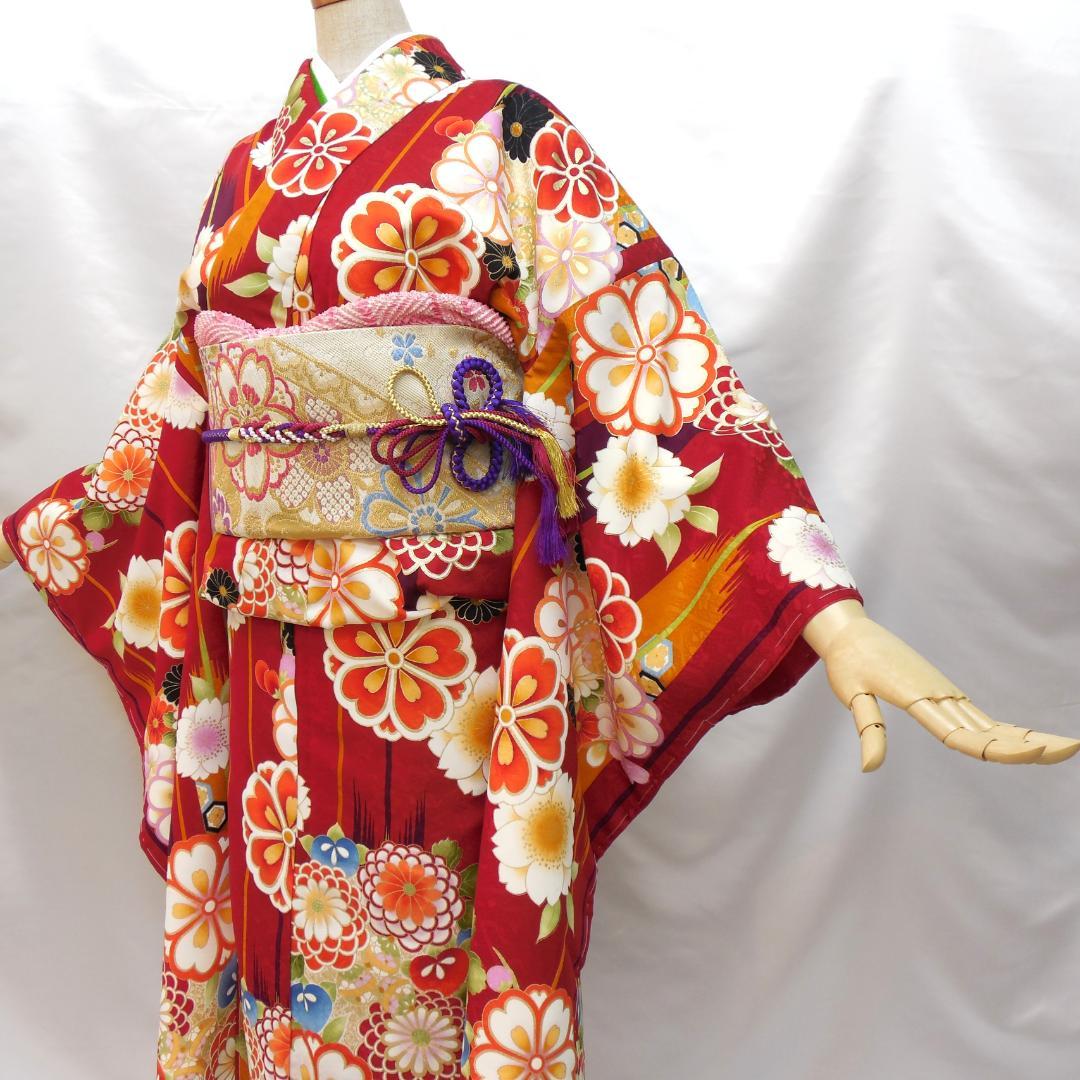 未使用品★洗える振袖　振袖フルセット　ポリ　成人式　振袖　M～Ｌサイズ　赤　花柄
