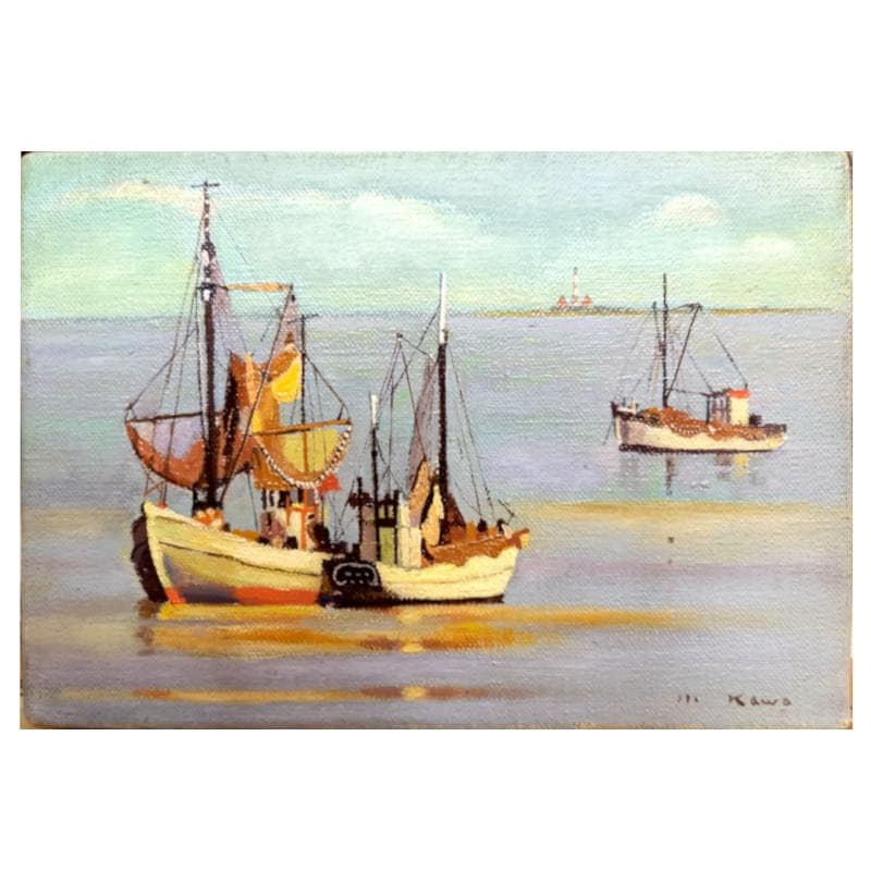 ☆川 雅吉☆「 滞船(北ドイツ） 」油絵　SMサイズ　良好！