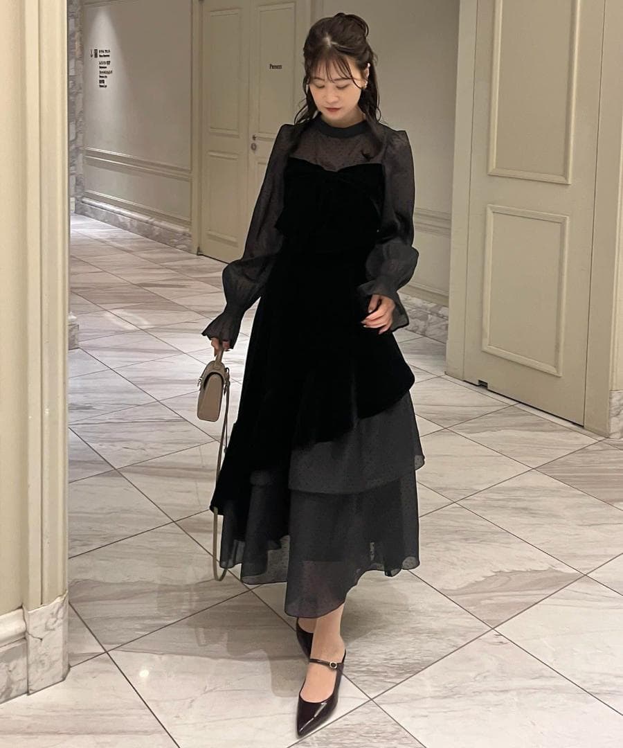 新品 NICE CLAUP オケージョン ベロアリボン異素材ロングワンピース