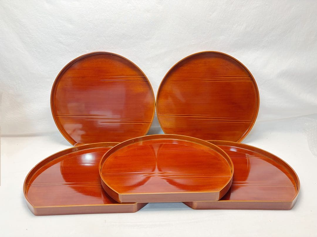 ほぼ未使用 懐石道具 飛騨春慶塗 半月会席膳 5客揃 平膳 天然木製 共箱