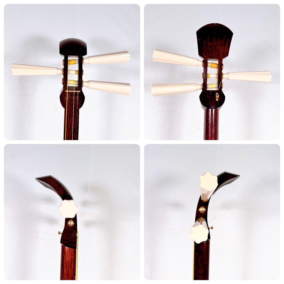 津軽三味線 紅木 太棹 東さわり　本皮 金細 二本溝 綾杉胴 糸巻き　宇柄面取