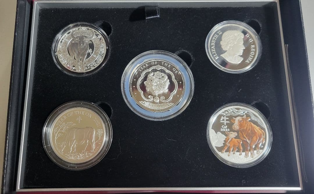 銀製記念硬貨5枚 世界5カ国 2021年 丑年 牛図 銀貨 5種セット プルーフ