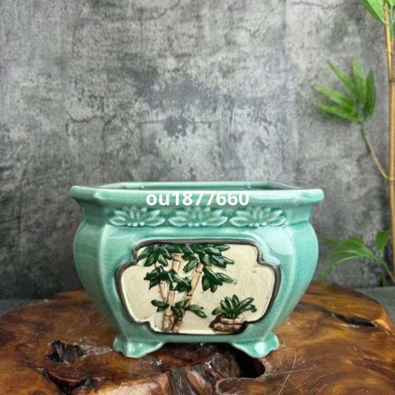 四方緑氷割れ手彩浮彫鉢 盆栽鉢 青磁鉢 多肉植物 植木鉢 小品大品盆栽鉢 置物