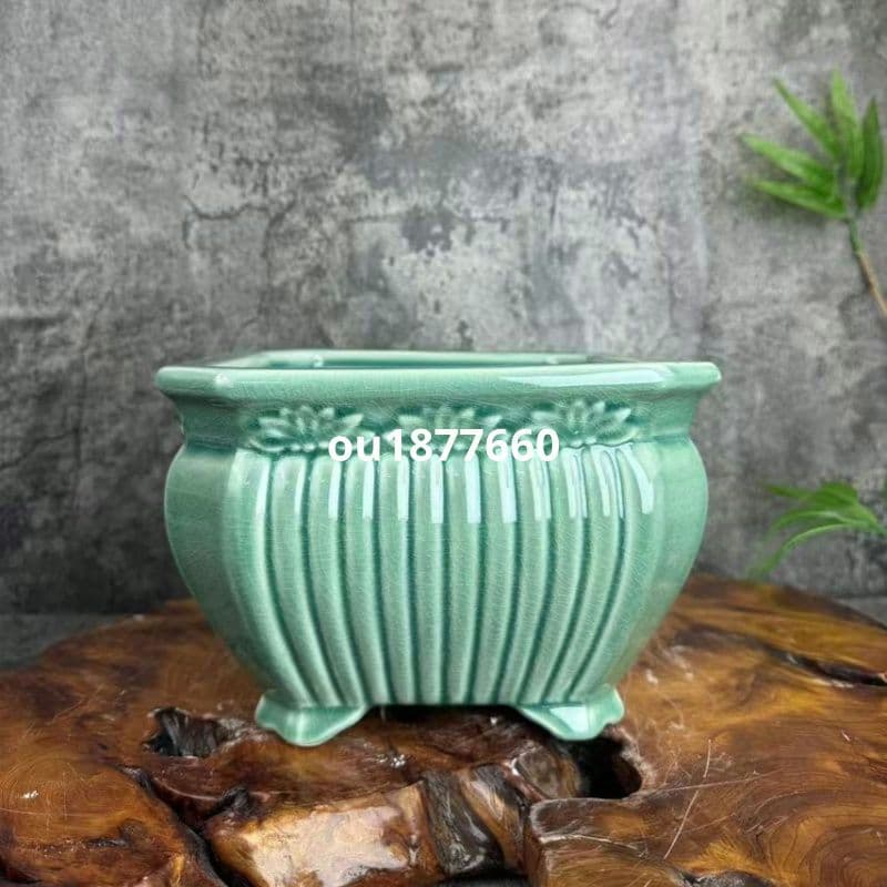 四方緑氷割れ手彩浮彫鉢 盆栽鉢 青磁鉢 多肉植物 植木鉢 小品大品盆栽鉢 置物