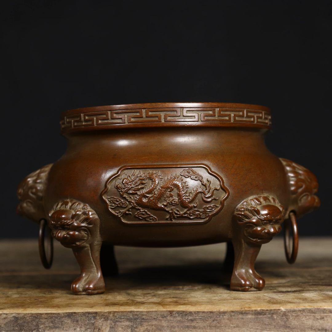 銅製 香炉 三足香炉 龍鳳香炉 薫香炉 仏堂挿し香炉 装飾品 工芸品 置物