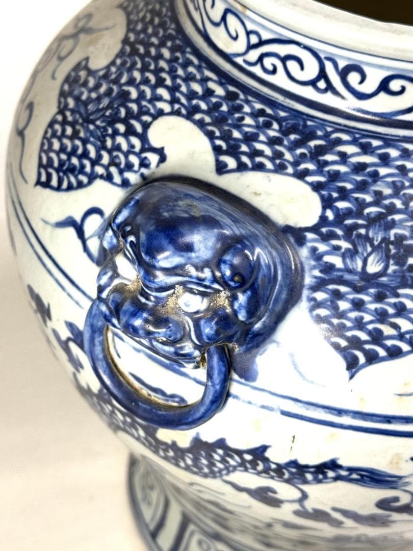 古染付 龍紋獅耳大壷 伝世品焼物 虫食い 青花 呉須 ウブ品 WWTT137