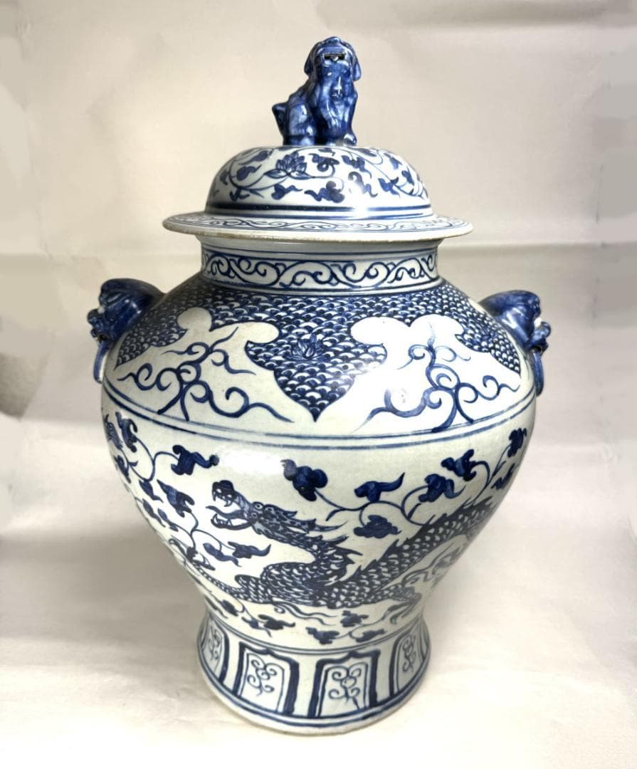 古染付 龍紋獅耳大壷 伝世品焼物 虫食い 青花 呉須 ウブ品 WWTT137