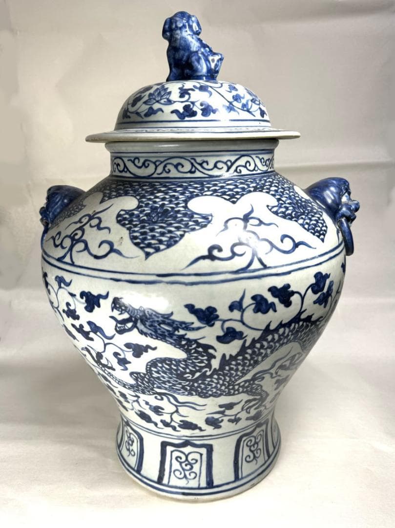 古染付 龍紋獅耳大壷 伝世品焼物 虫食い 青花 呉須 ウブ品 WWTT137