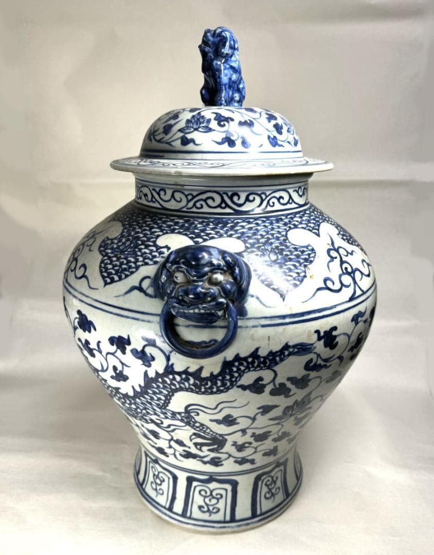 古染付 龍紋獅耳大壷 伝世品焼物 虫食い 青花 呉須 ウブ品 WWTT137