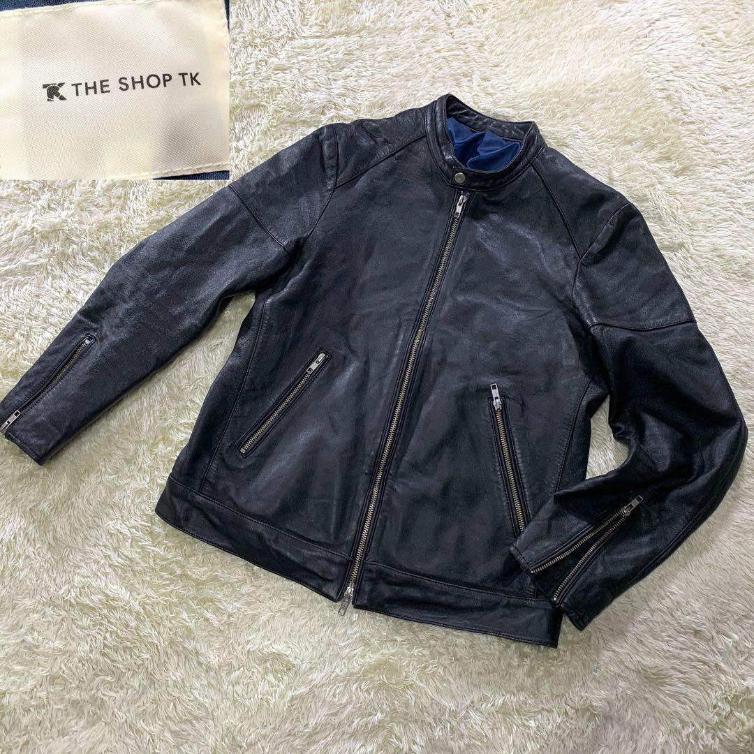 美品 タケオキクチ シングルライダースジャケット 黒 裏地ブルー ラムレザー M