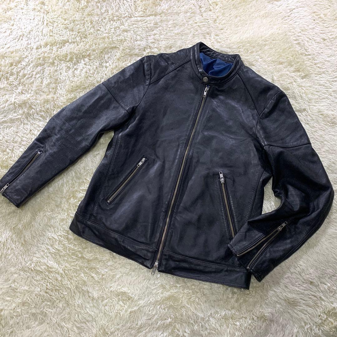 美品 タケオキクチ シングルライダースジャケット 黒 裏地ブルー ラムレザー M