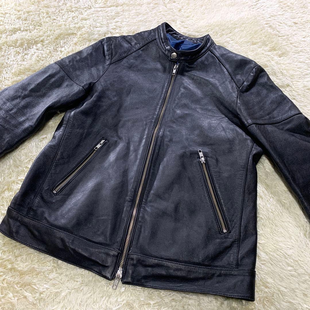 美品 タケオキクチ シングルライダースジャケット 黒 裏地ブルー ラムレザー M