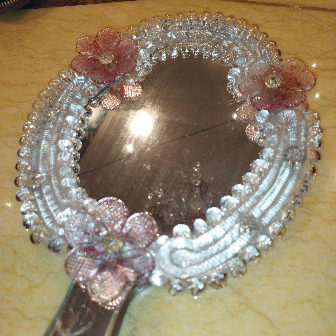 【アンティーク手鏡】イタリア製ベネチアングラス　ピンクのお花装飾