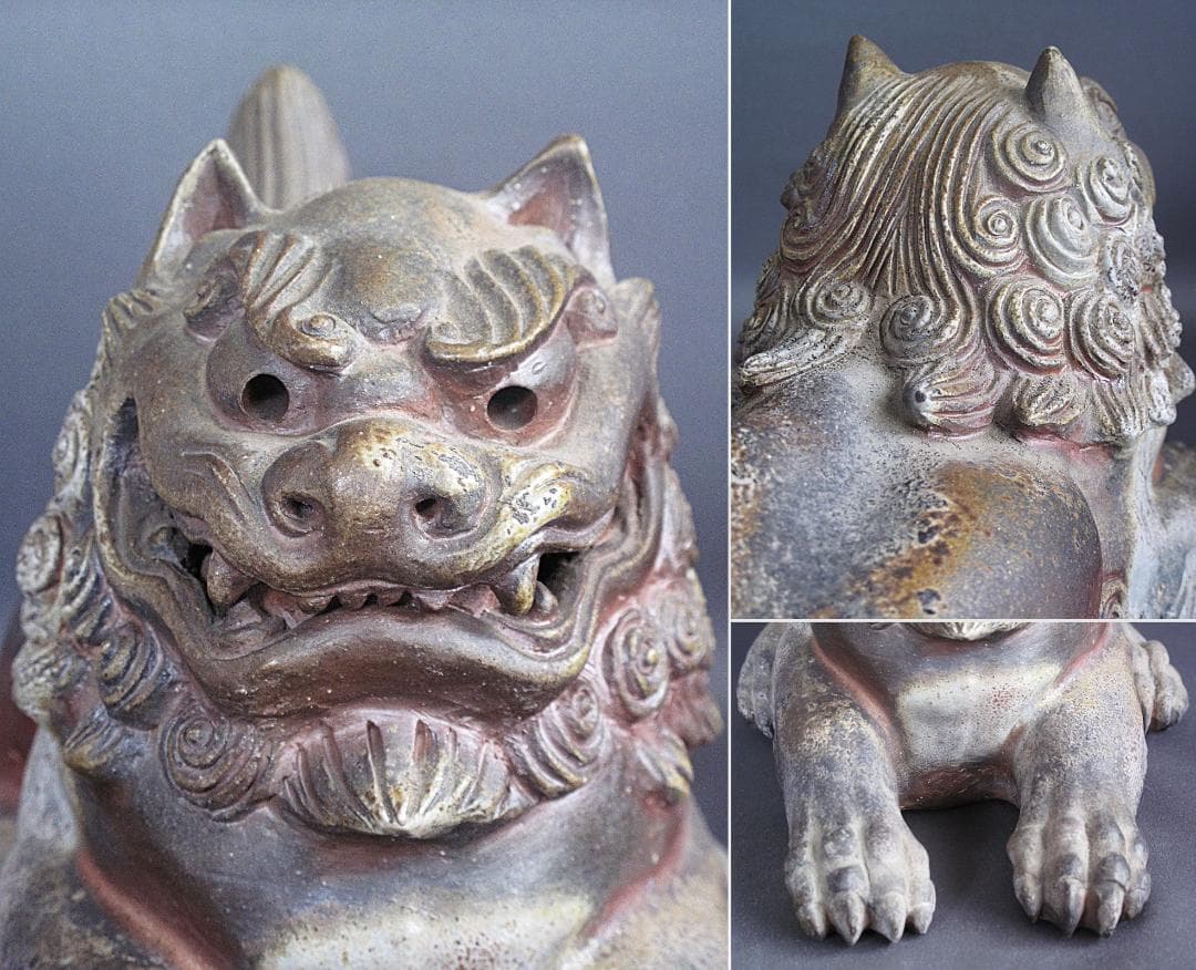 優品‼ 備前名工! 藤原陶斎 作『獅子置物』細工物 高19.5㎝ 横38㎝