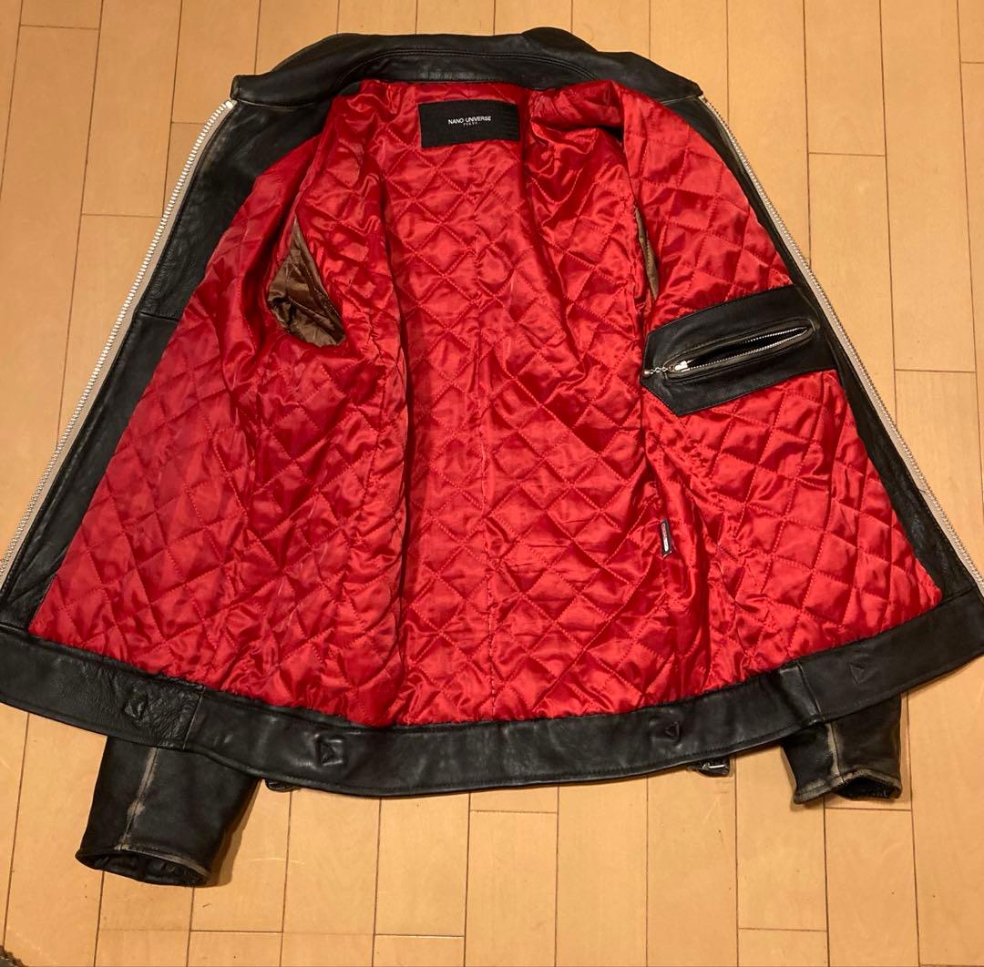 メンズ レザー シングルライダースジャケット 黒 赤裏地